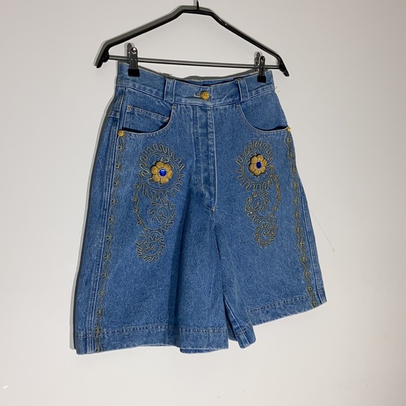 Fun Vintage High Waisted Denim Shorts with Gold Embroidered Details - Picture 2 of 9